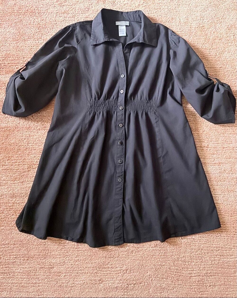 Oh Mamma Black Cotton Smocked Waist Button Front Tunic Shirt Size L